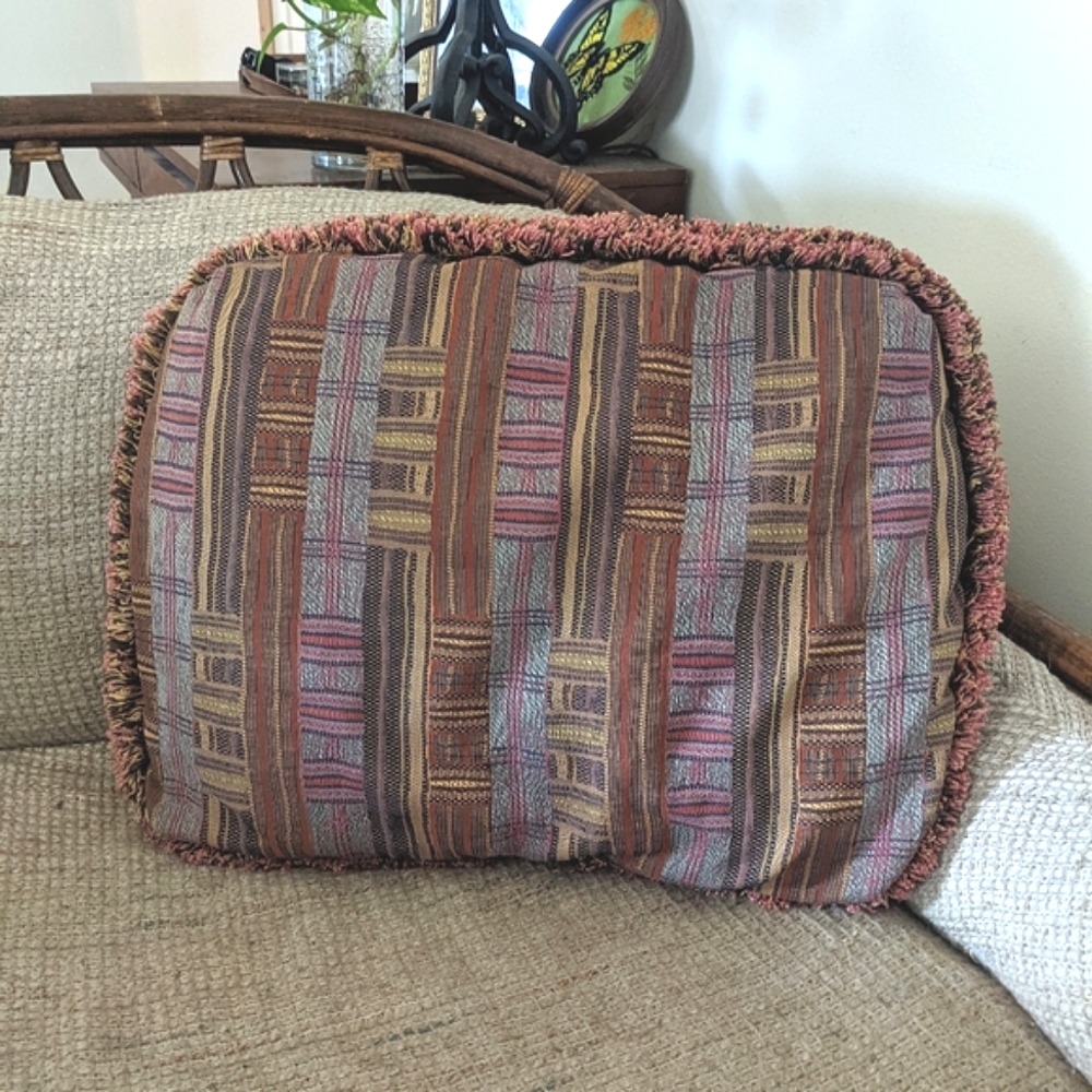 Large Vintage 80s Woven Fringed Decorative Throw Pillow
